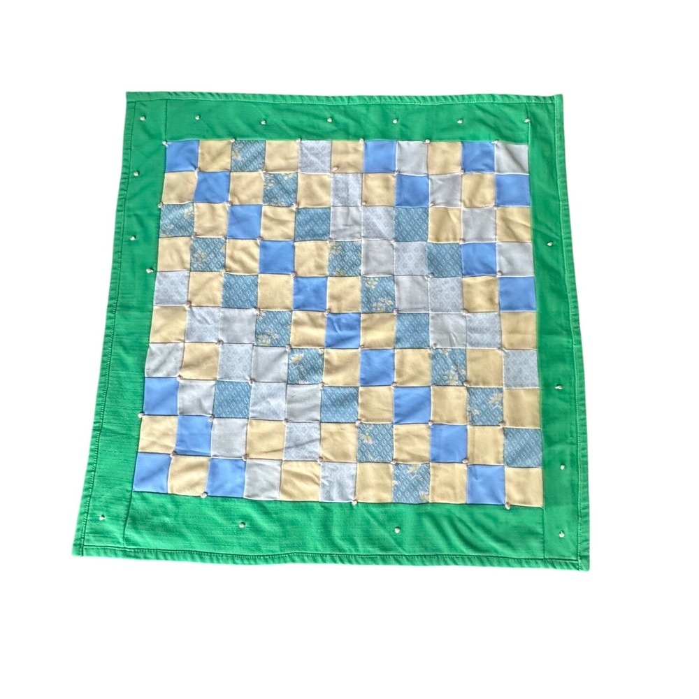 Handmade Patchwork Baby Quilt Green Blue Yellow Square Pattern Lap Blanket 42x42